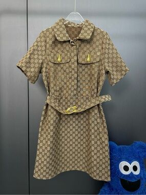 Gucci Beige Monogram Logo Short Sleeve Jumpsuit with Gold Accents